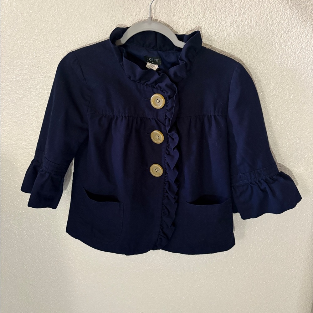 J. Crew Women’s Navy Fiona Blazer with Ruffle Detail Large Buttons Size 2